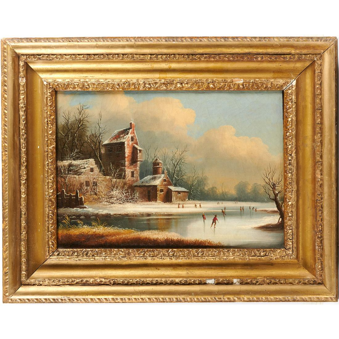 Edmund C. Coates, oil on canvas, c. 1851: Edmund C. Coates, oil on canvas, c. 1851, Edmund C. Coates (American, 1816â€“1871), Ice skaters on a Pond, signed and dated lower left, 12"h x 17"w (sight), 20"h x 25"w (frame)