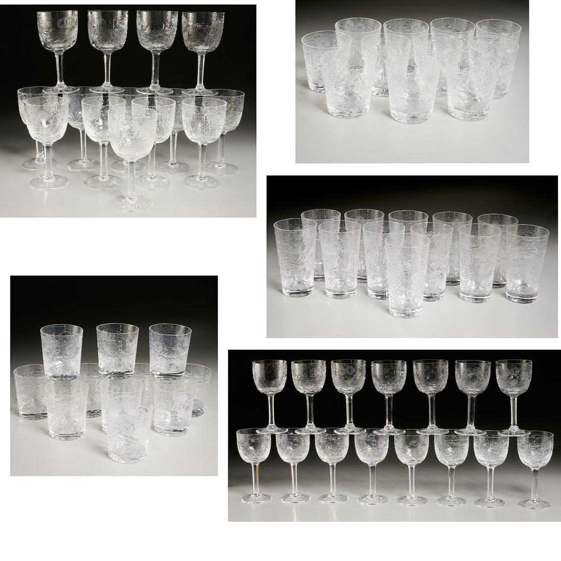 Stevens & Williams (attrib.) stemware service: Stevens & Williams (attrib.) stemware service, Early 20th c., (42) pieces, the bowls decorated with cut and etched floral and exotic bird design, star cut bases, including: (14) water glasses (7"h), (