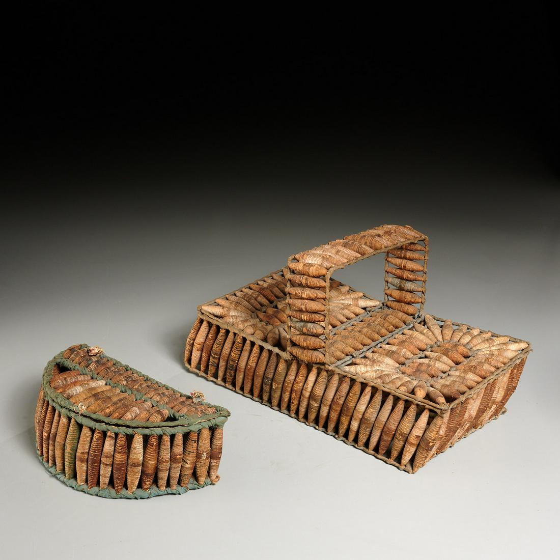(2) 19th c. Folk Art sewing baskets: (2) 19th c. Folk Art sewing baskets, c. 1880, New York State, made from wall paper coiled beads, wire and blue ribbon, 7"h x 13"l x 7"w (larger) Provenance: American Primitive, New York