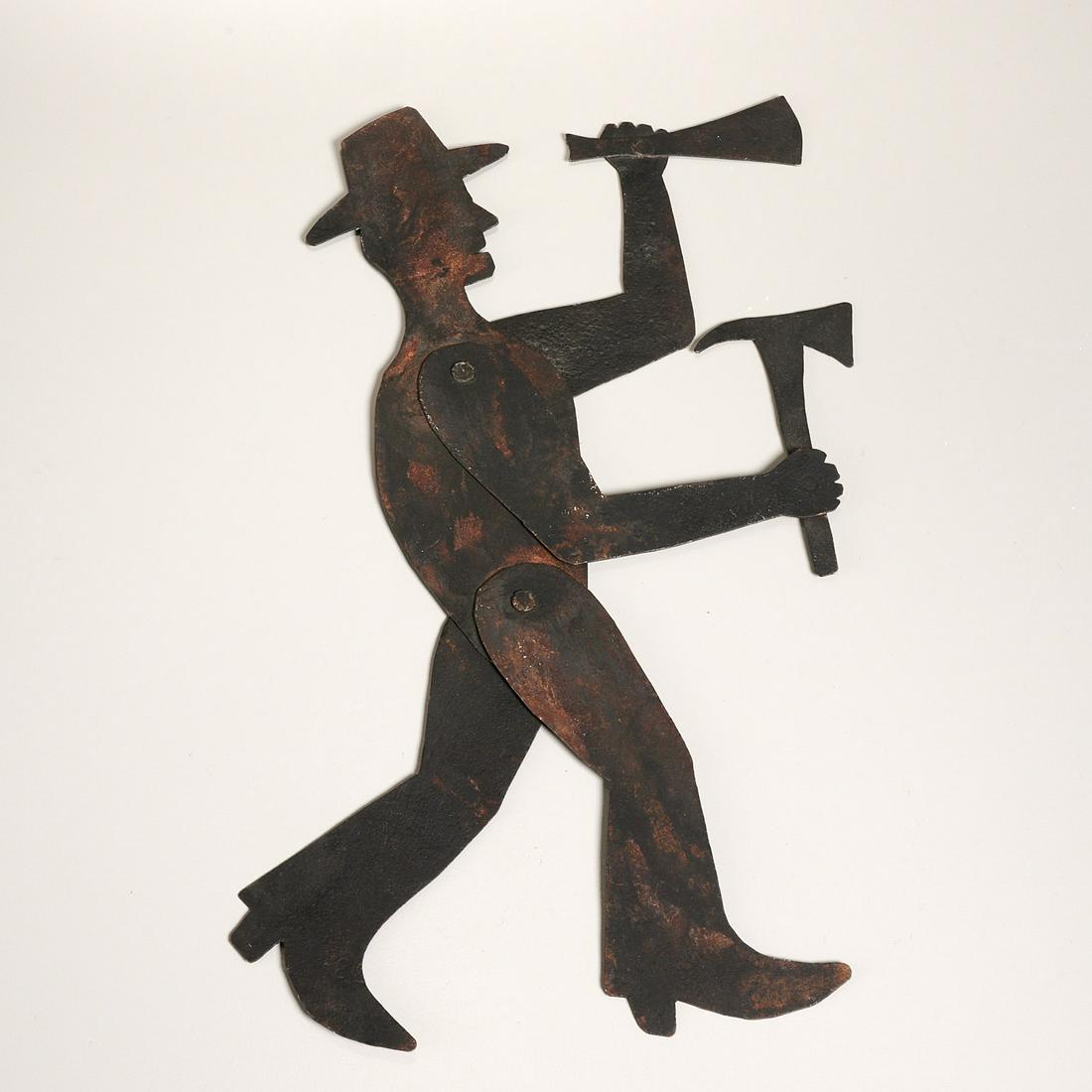 American Folk sheet iron silhouette figure: American Folk sheet iron silhouette figure, 19th/20th c., in the form of a woodcutter, reminiscent of Bill Traylor's work, with pivoting limbs, unmarked, 15"h x 12"w Provenance: From the Estate of Nan