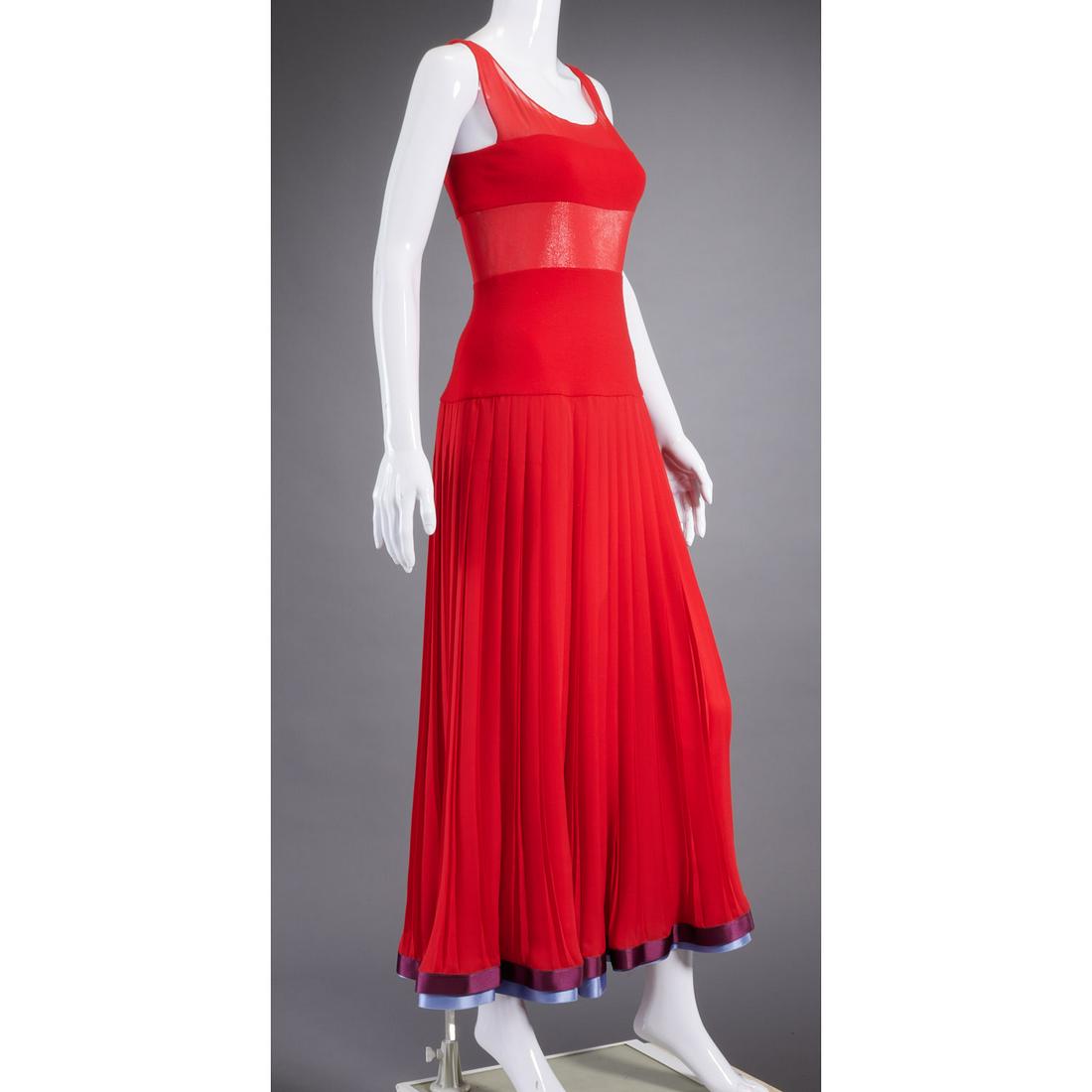 Geoffrey Beene red chiffon & wool evening dress: Geoffrey Beene red chiffon & wool evening dress, c. 1990's, sleeveless tank style, sheer at top with panels of wool knit and stretch, pleated (2) layer silk skirt with blue & eggplant banding at hemli
