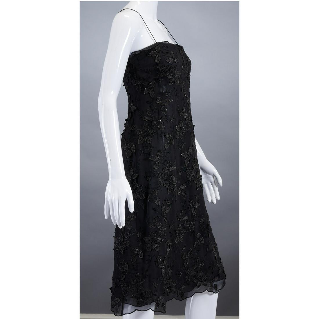 Giorgio Armani black embellished slip dress: Giorgio Armani black embellished slip dress, early 2000's, Made in Italy, chiffon with applied flowers, size 44 (US 8), approx. 34"b, 27"w, 41"l Provenance: From a private Manhattan collection