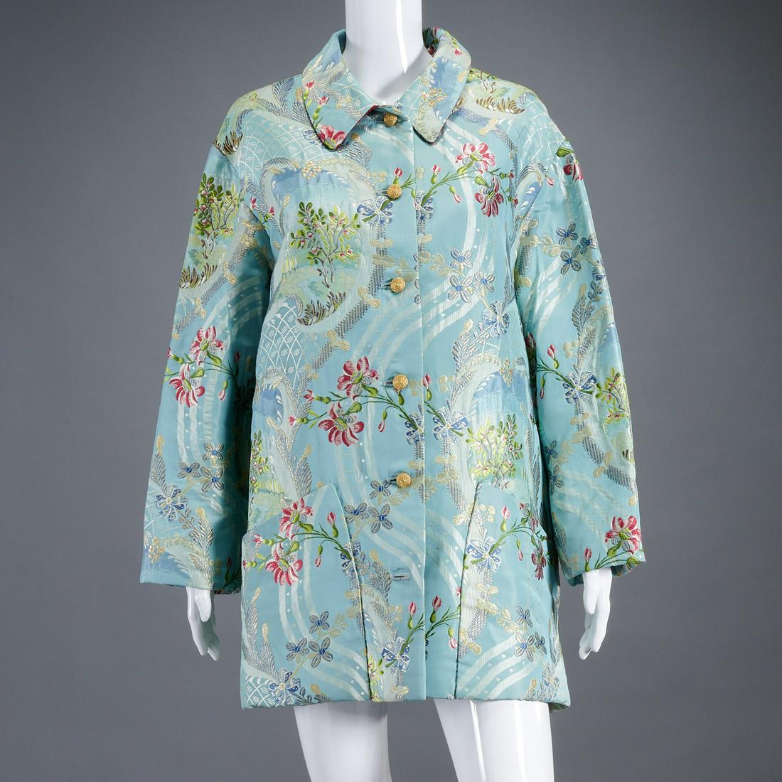 Bill Blass Asian inspired silk coat: Bill Blass Asian inspired silk coat, c. 1970's, retailed at Saks Fifth Avenue, robin's egg blue with elaborate embroidery, gold fabric buttons to front and at side vents, dual patch pockets, fully lin
