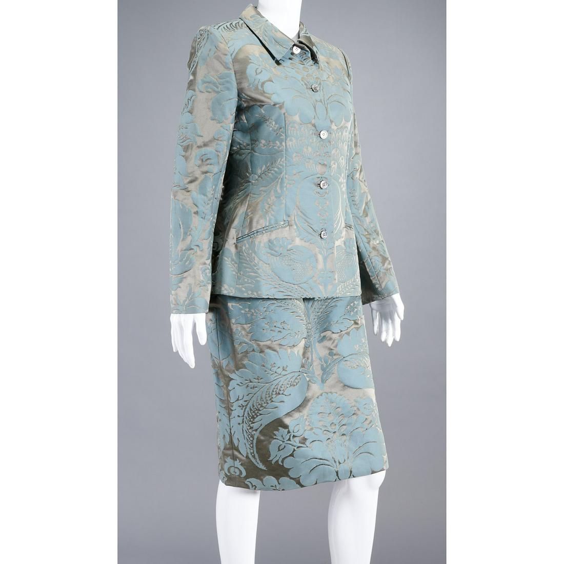 Bill Blass tapestry skirt suit: Bill Blass tapestry skirt suit, c. 1990's, steel blue & gray silk, size 10, button front jacket with slat pockets, approx. 39"b, 16"sh, 24"sl, 25"l, no waist skirt, 29"w, 24"l Provenance: From a priva
