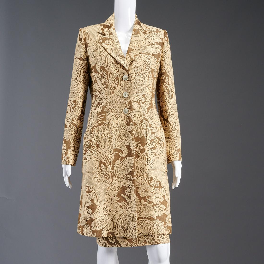 Bill Blass jacquard coat & skirt set: Bill Blass jacquard coat & skirt set, c. 1990's, beige and caramel, both pieces fully lined in brown silk, size 8, coat with notched lapels, dual slit pockets, approx. 38"b, 15"sh, 24"sl, 40"l, no wai