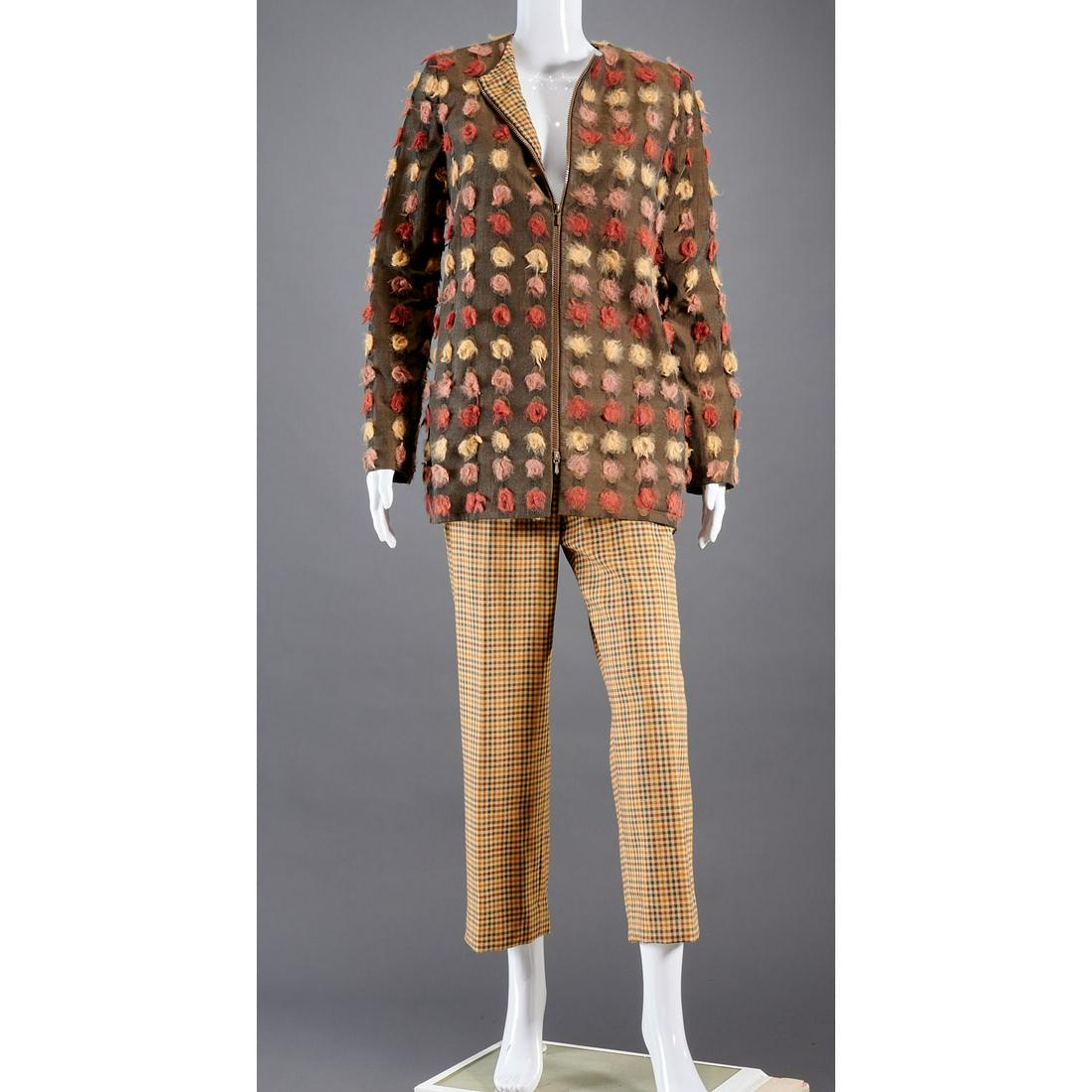 Bill Blass pant & jacket ensemble: Bill Blass pant & jacket ensemble, c. 1980's, size 10, zip front jacket with applied embellishments, dual patch pockets, gingham check pants, zip front, slat pockets Provenance: From a private Manhatt