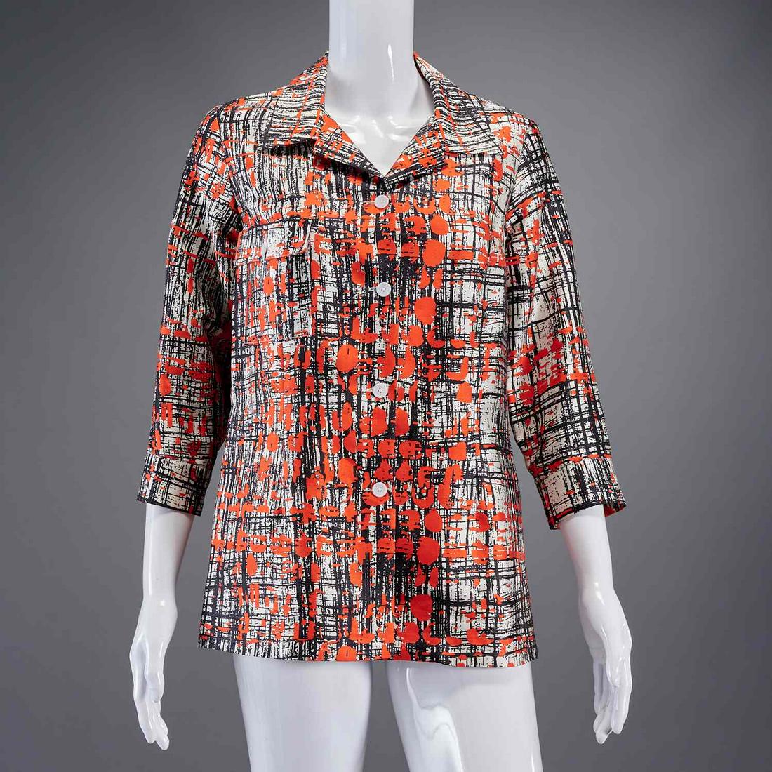 Akira Isogawa Pollock inspired print jacket: Akira Isogawa Pollock inspired print jacket, late 20th c., bespoke design, black, red & white print in silk, button front (1) breast pocket, 3/4 sleeves, approx. 38"b, 18"sl, 26"l Provenance: From the