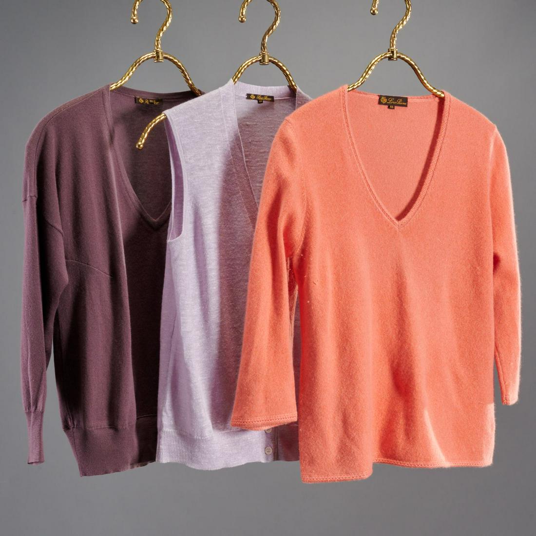 Group of ladies Loro Piana cashmere sweaters: Group of ladies Loro Piana cashmere sweaters, early 2000's, (1) orange v-neck with 3/4 sleeves, size 46, approx. 42"b, 18"sl, 23"l, (1) lilac button front sleeveless v-neck, size 44, approx. 38"b, 24"
