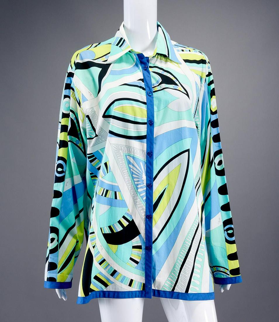 Emilio Pucci print blouse: Emilio Pucci print blouse, early 2000's, signature print in shades of blue with chartreuse, split hem, size 48 (US 12), approx. 48"b, 23"l