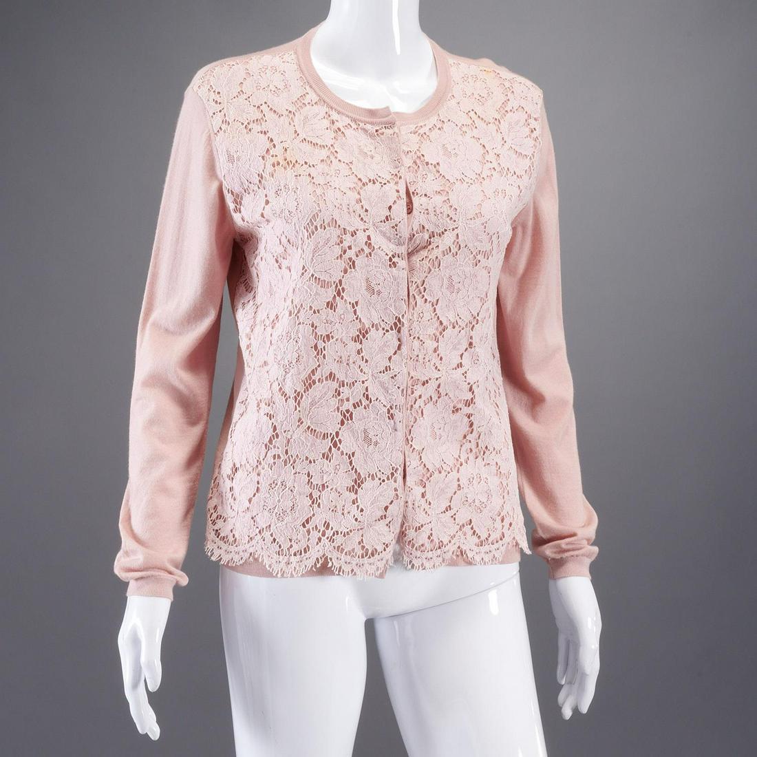 Valentino lace front cardigan sweater: Valentino lace front cardigan sweater, c. 1990's, Made in Italy, dusty rose wool/cashmere, size L, approx. 38"b, 24"sl, 22"l
