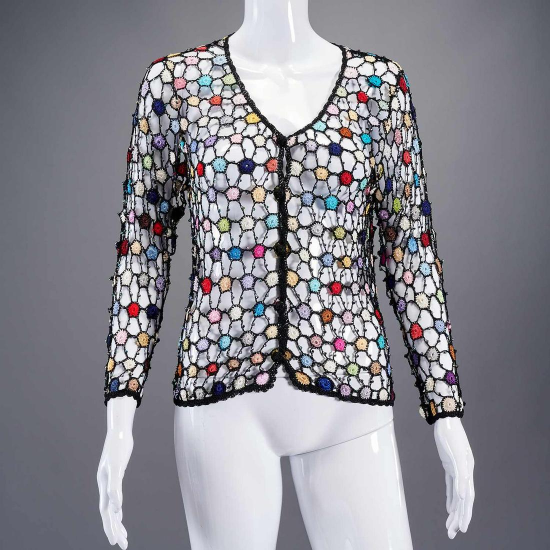 Italian "New Sensation" evening wear cardigan: Italian "New Sensation" evening wear cardigan, 21st c., "Forever With You" label, open work crochet in black with multicolor, approx. 36"b, 23"l, 21"sl