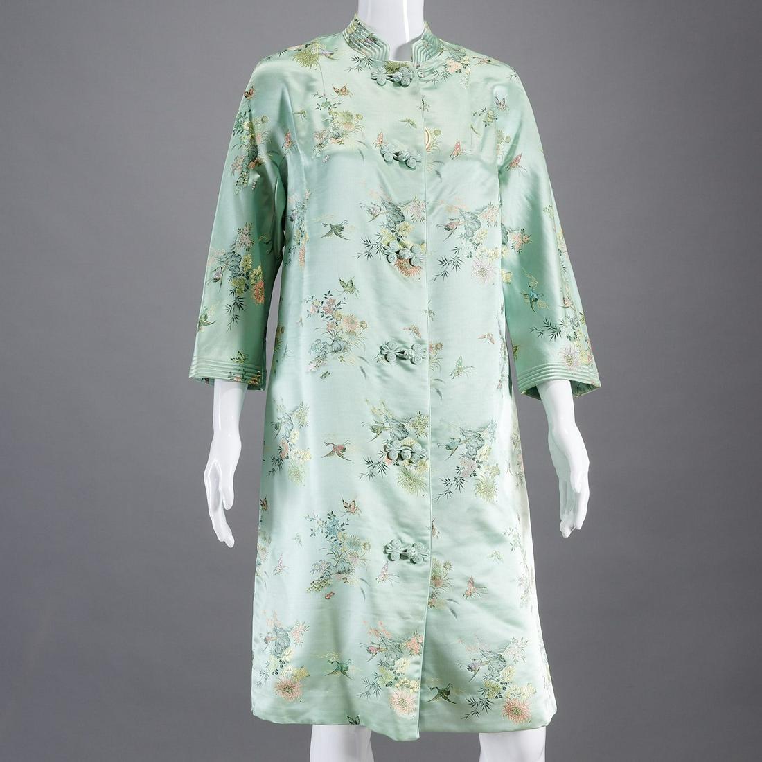 Lord & Taylor "Teahouse" embroidered house coat: Lord & Taylor "Teahouse" embroidered house coat, c. 1960's, Made in Hong Kong, pale sea foam blue silk/rayon with floral spray design, mandarin collar, frog closure, side slits, fully lined, dual side