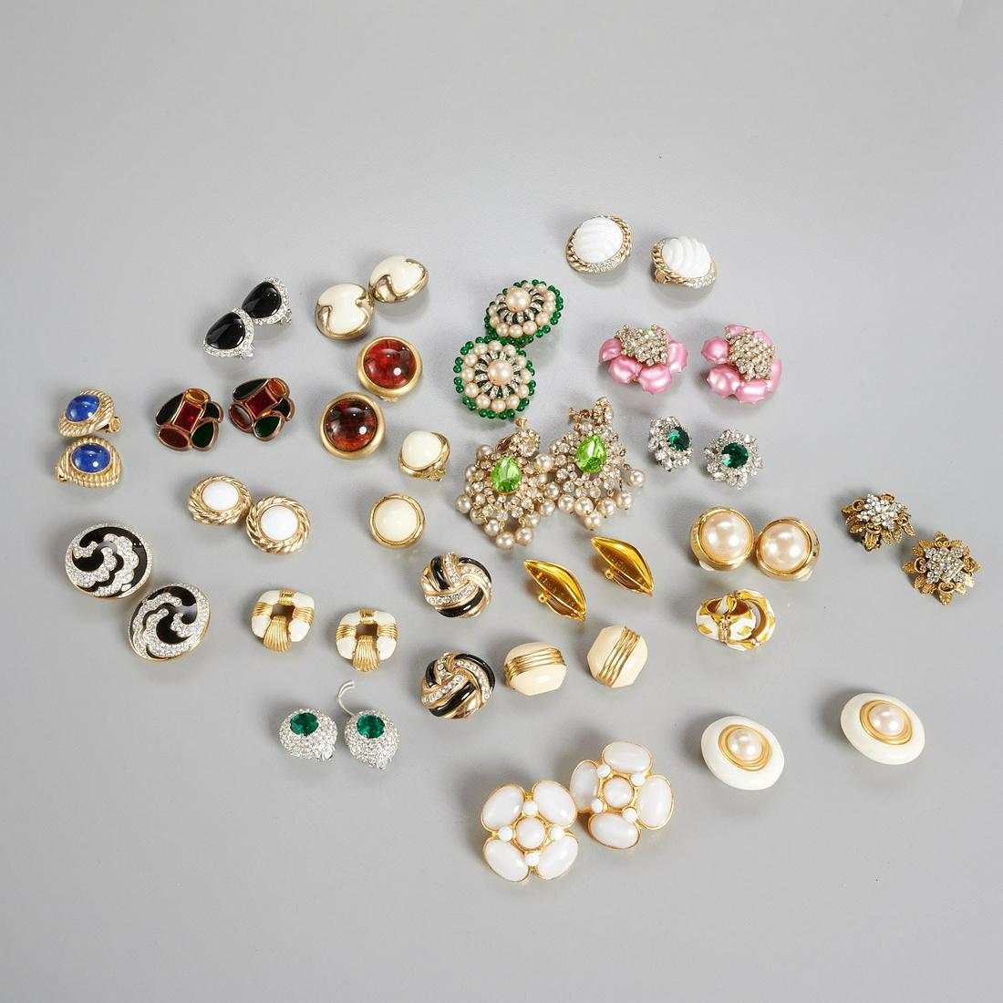 Group of clip style costume jewelry earrings: Group of clip style costume jewelry earrings, 20th c., (23) pair, assorted makers including Ciner, Janny, Panetta, Givenchy, Stannard, Vendome, many unmarked