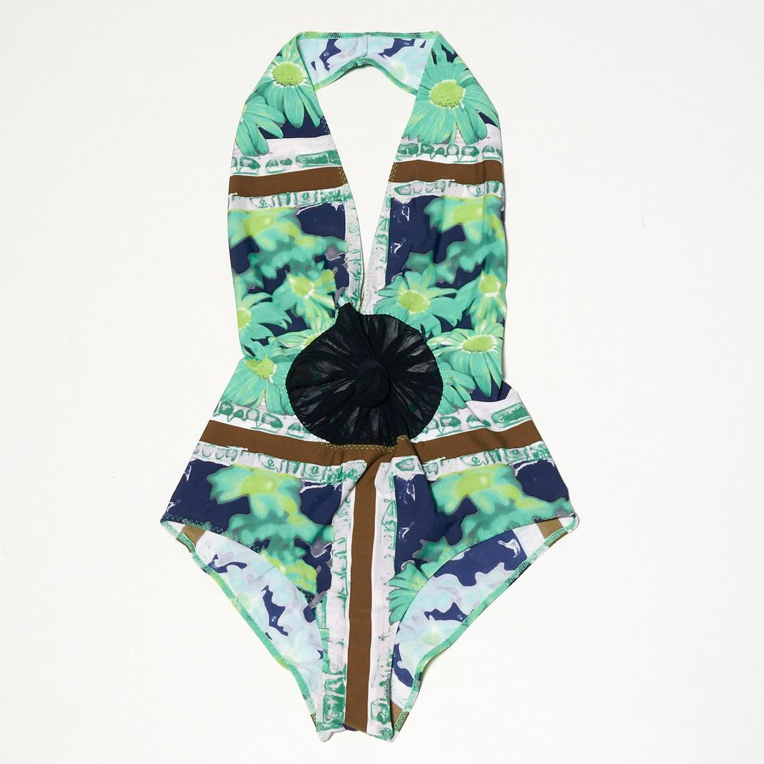 Jean-Paul Gaultier Soleil one piece swimsuit: Jean-Paul Gaultier Soleil one piece swimsuit, early 2000's, multicolor floral in greens and blues, with chiffon center, low back, halter style, size 42 (US 8) Provenance: From a New Canaan, CT single 