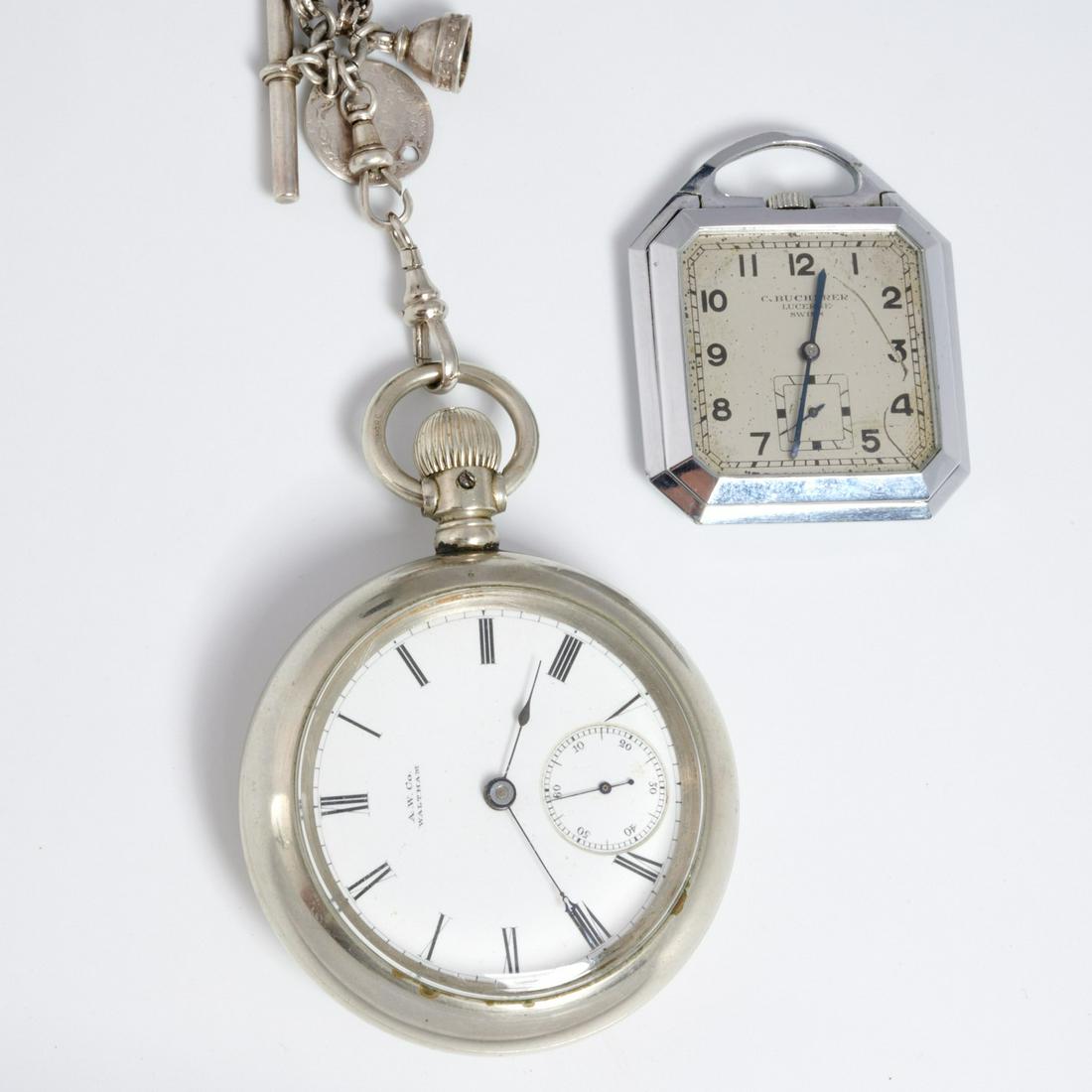 (2) Vintage men's pocket watches: (2) Vintage men's pocket watches, late 19th/early 20th c., (1) Carl Bucherer Lucerne Swiss, approx. 1.75"sq., (1) AW and Co. coin silver with sterling fob, chain & charms, approx. 2.25"dia.