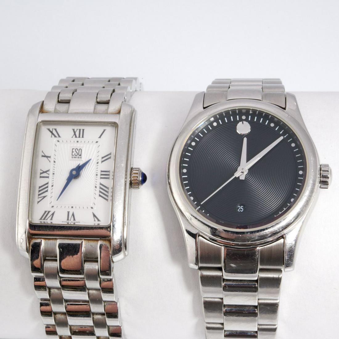 (2) Ladies stainless Movado watches: (2) Ladies stainless Movado watches, 20th c., (1) Sportivo with black dial, round face, water resistant, serial #10884814, (1) Esq. by Movado tank watch with sapphire crown, Swiss quartz movement, wat