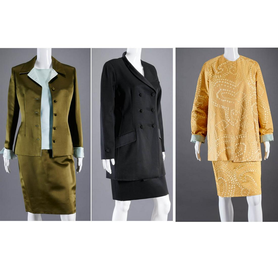 Group of Bill Blass evening wear suits: Group of Bill Blass evening wear suits, c. 1980's, incl. (1) black wool gabardine skirt suit with satin trim, double breasted jacket, dual flap pockets, slim skirt, size 12, approx. 38"b, 33"l, 25"sl,