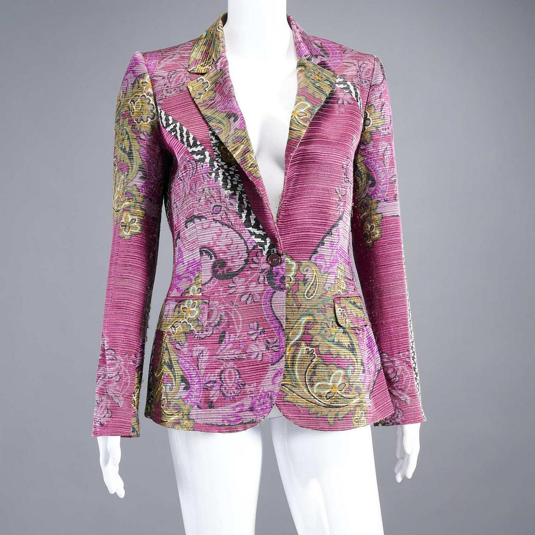 Etro Milano textured blazer: Etro Milano textured blazer, 21st c., silk wool with paisley print in eggplant, fully lined, Made in Italy, size 44 (US 10), approx. 40"b, 16"sh, 24"sl, 26"l Provenance: From a private Manhattan colle
