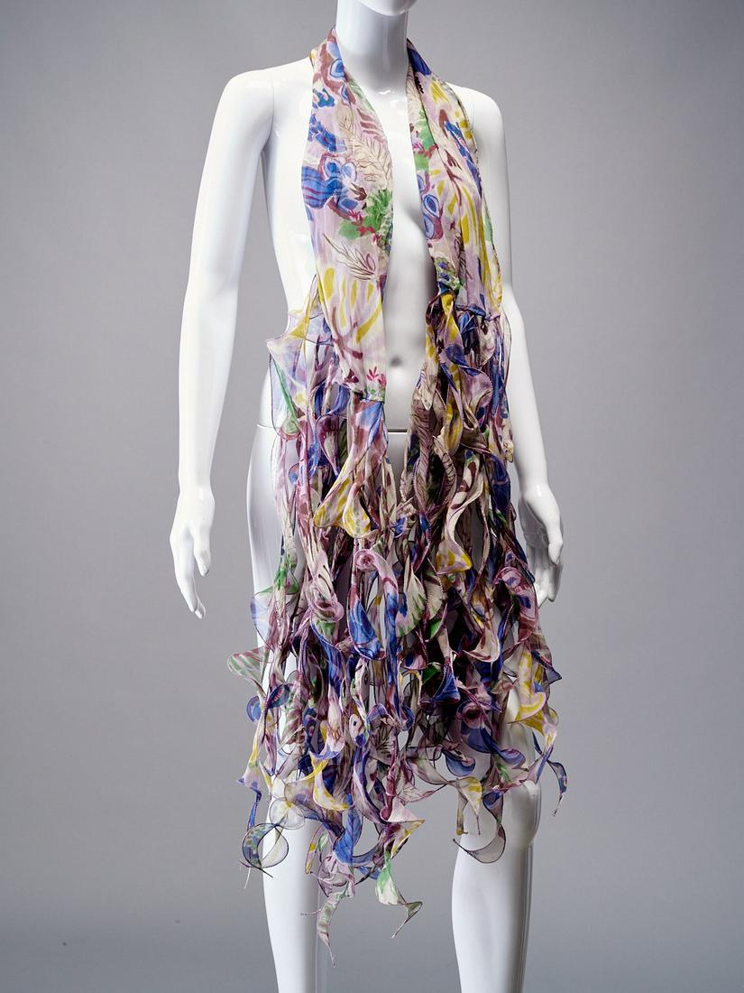 Etro Milano ruffled slim scarf: Etro Milano ruffled slim scarf, 21st c., Made in Italy, silk georgette, multicolor floral print, approx. 18"w x 94"l Provenance: From a private Manhattan collection