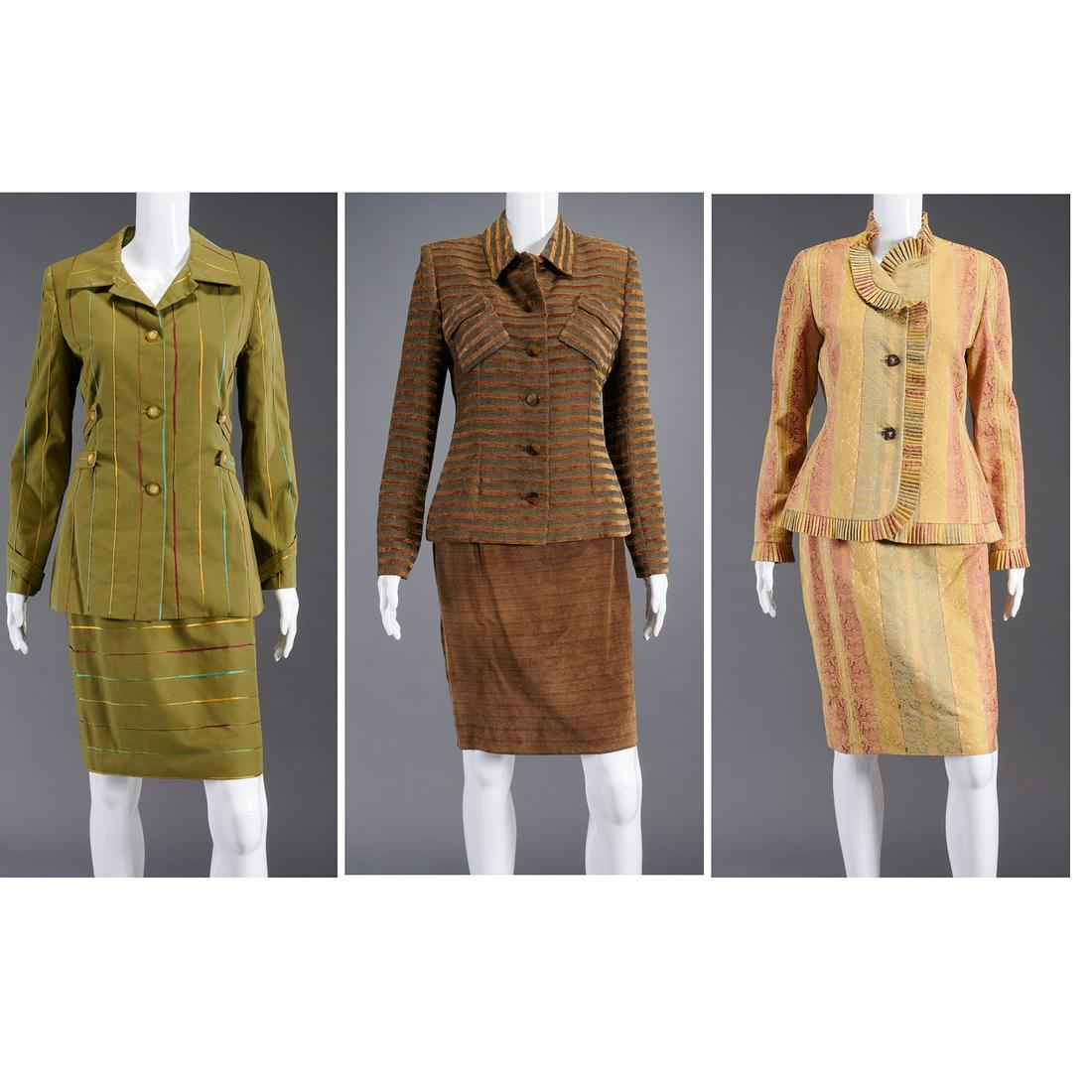 Group of Bill Blass ladies skirt suits: Group of Bill Blass ladies skirt suits, c. 1980's, all size 10, (1) jacquard with Saks Fifth Avenue label, with ruffled trim, pink silk lining, (1) olive green sateen with silk stripes, (1) brown text