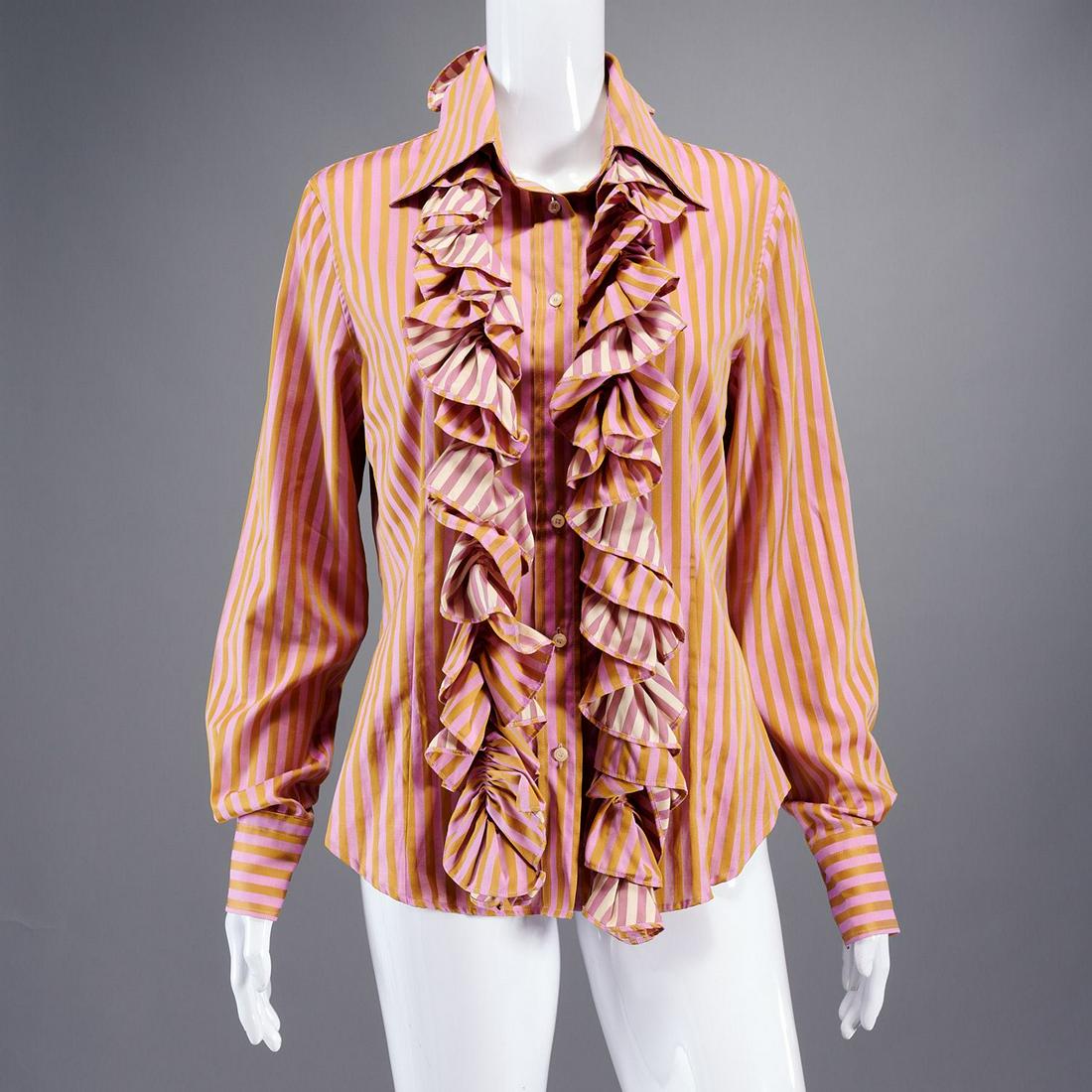 Etro Milano stripe cotton sateen blouse: Etro Milano stripe cotton sateen blouse, 2000's, Made in Italy, button front in pink/gold metallic bengal stripe, bishop sleeves with double button cuff, detached 60" ruffle tie, fitted silhouette, si