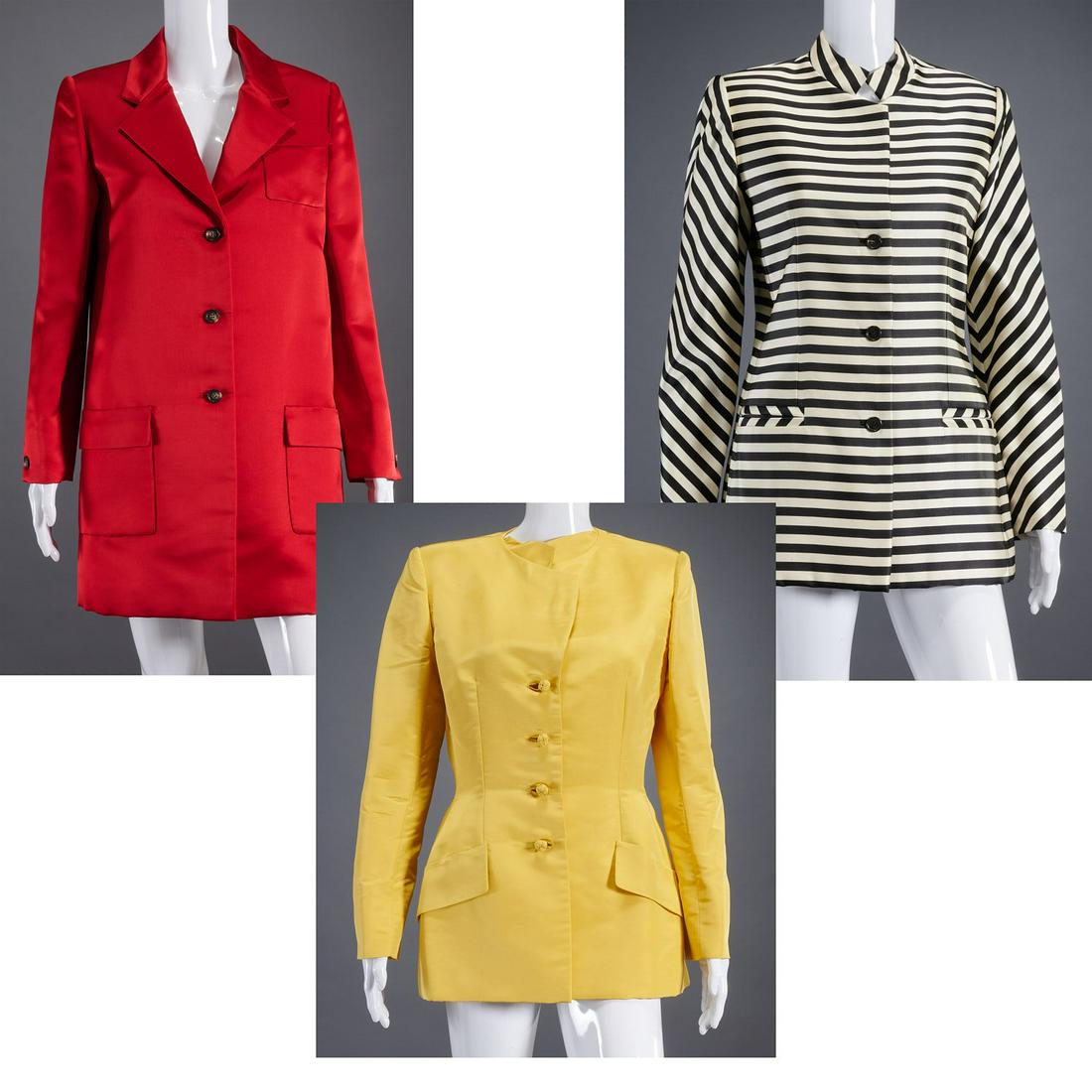 Group of Bill Blass evening wear jackets: Group of Bill Blass evening wear jackets, c. 1980's, all retailed at Saks Fifth Avenue, incl. (1) heavy satin black/ivory stripe blazer with mandarin collar, dual slit pockets, button front, fully lin