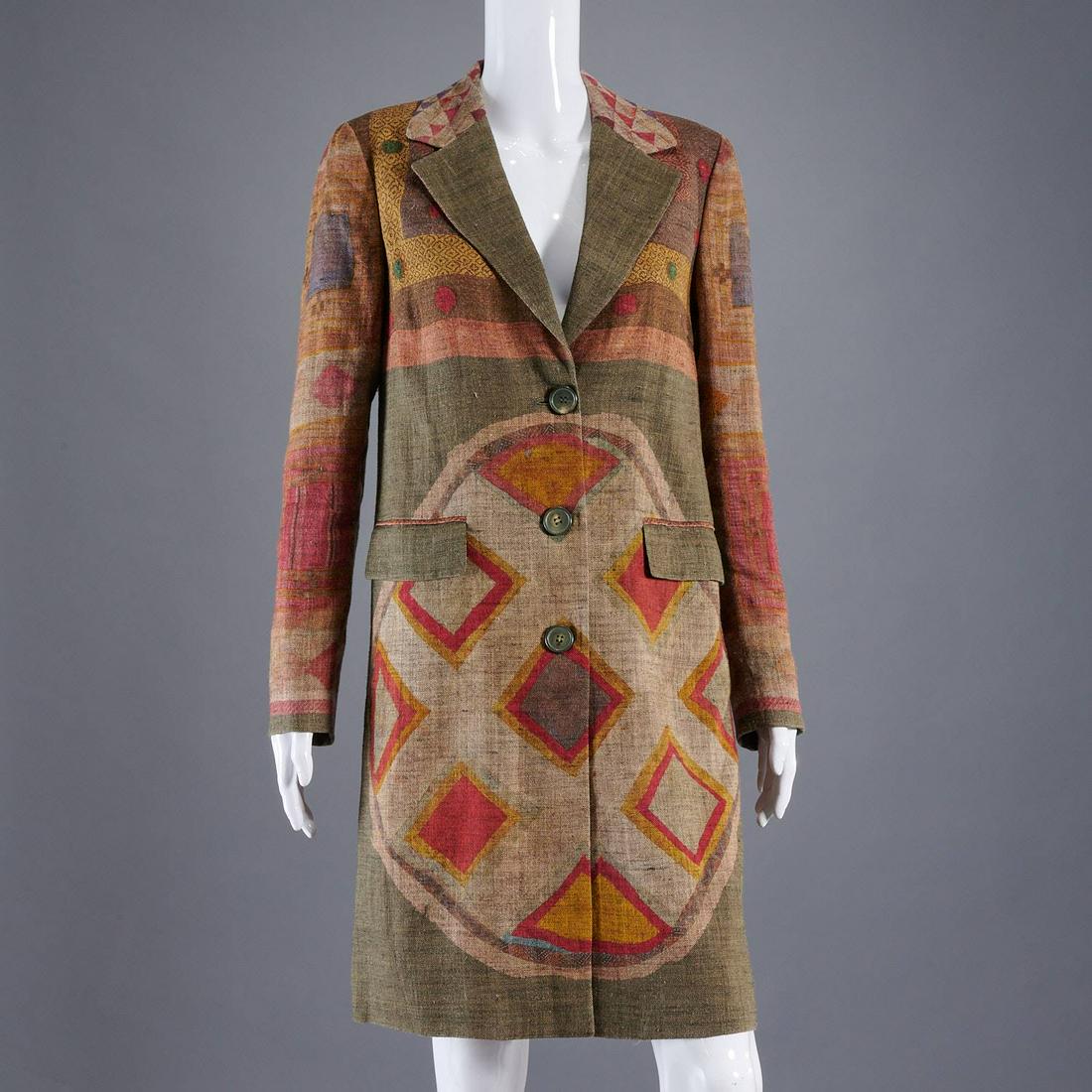 Etro Milano linen coat: Etro Milano linen coat, 21st c., abstract Navajo style print, dual flap pockets, button front closure, fully lined, Made in Italy, size 44 (US 10), approx. 39"b, 15.5"sh, 24"sl, 38"l Provenance: From