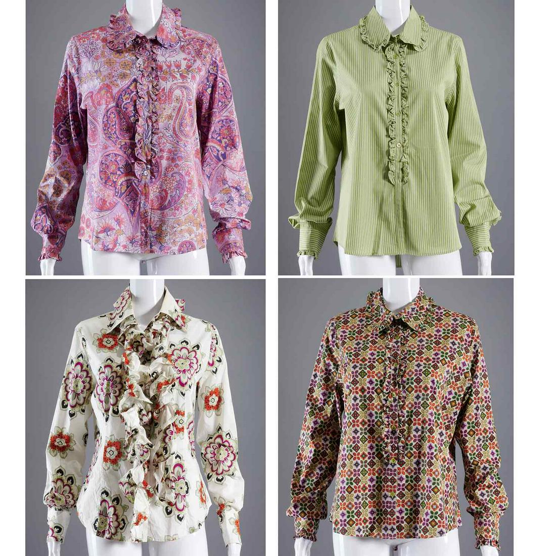 Group of Etro Milano blouses: Group of Etro Milano blouses, 21st c., incl. (4) assorted prints, one with ruffled tie, one new with tags, size 46 (US 12), approx. 40"b, 25"sl, 26"l Provenance: From a private Manhattan collection