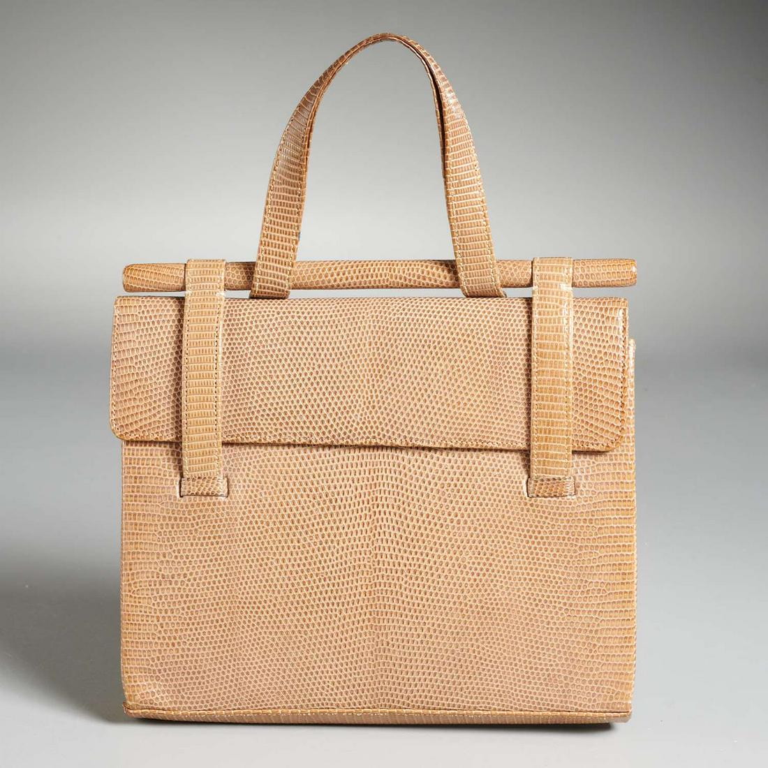 Jean-Baptiste Morabito Paris tan lizard handbag: Jean-Baptiste Morabito Paris tan lizard handbag, c. 1950's/60's, top handle with loop & flap closure, calfskin interior stamped "Genuine Lizard, Place Vendome, Paris, Made Expressly for Bonwit Teller"