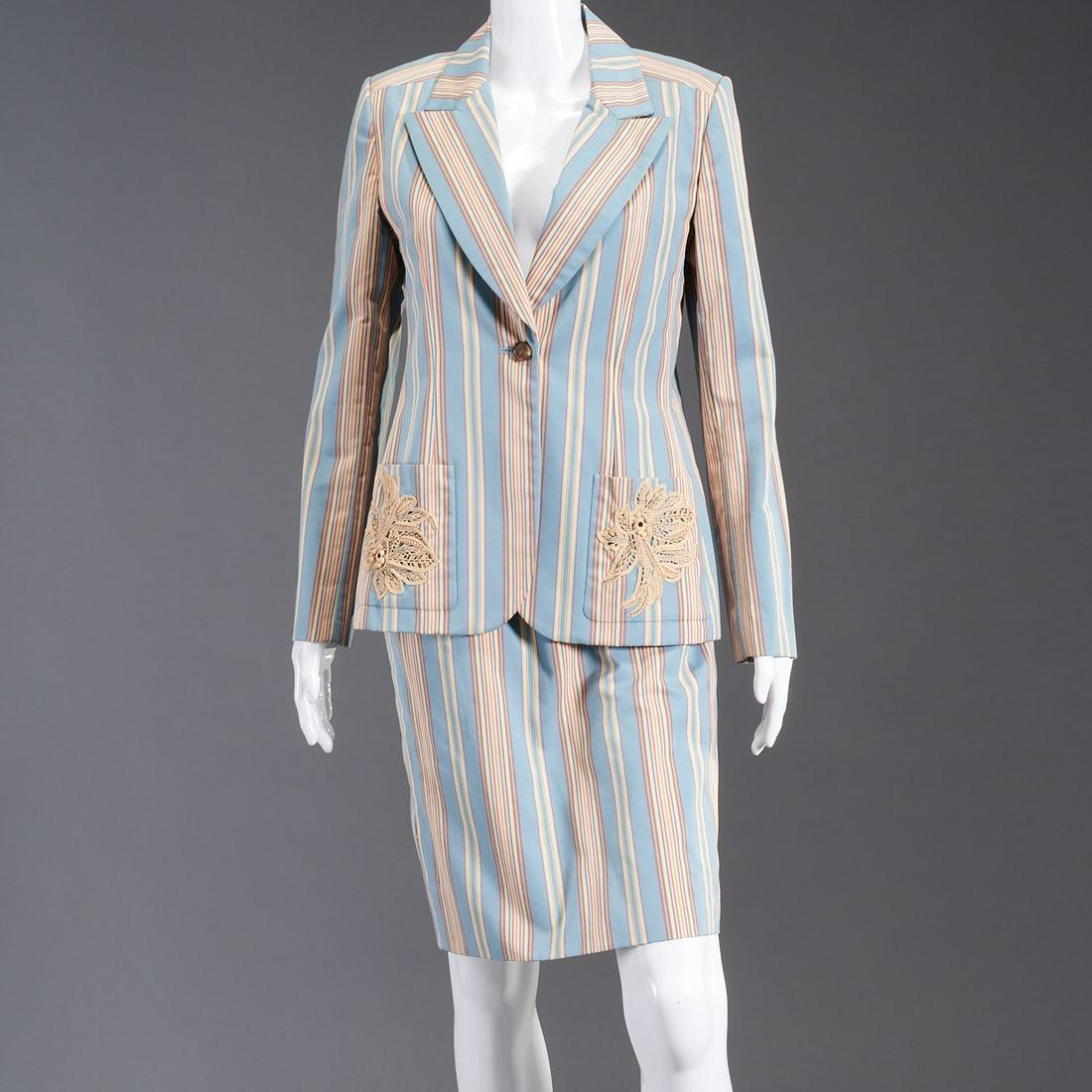 Bill Blass variegated stripe skirt suit: Bill Blass variegated stripe skirt suit, c. 1980's, retailed by Saks Fifth Avenue, blue with multicolor stripes, crochet detail to patch pockets, BB logo silk lining, size 8, approx. 36"b, 26"l, 24"sl
