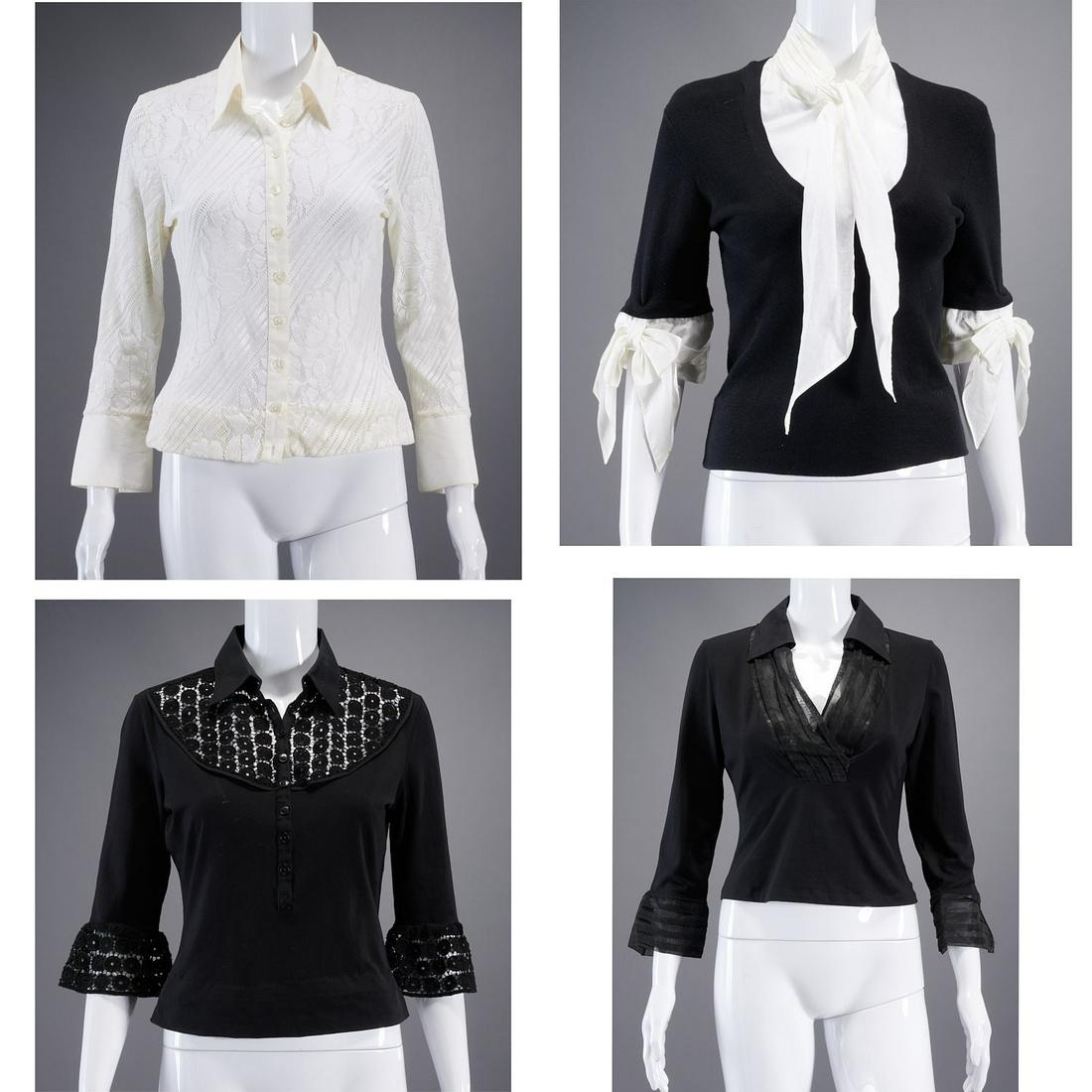 Group of Anne Fontaine ladies tops: Group of Anne Fontaine ladies tops, late 1990's, (4) all size 40 (US 6-8), incl. (1) black sweater knit with detachable bow front under blouse and bow cuffs, 21"l, (1) white burnout lace button front