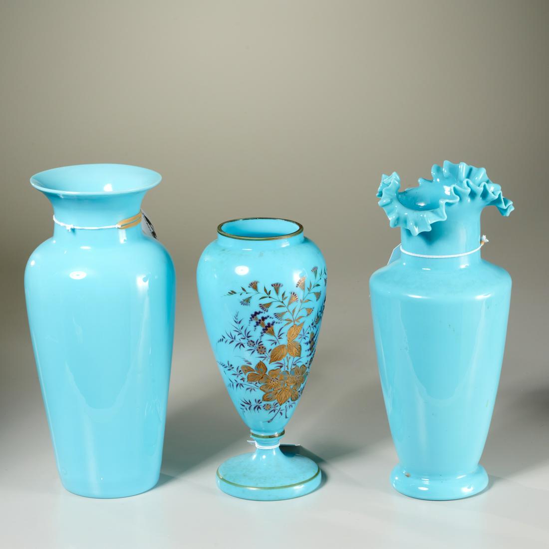 (3) antique blue opaline glass vases (1 of 6)