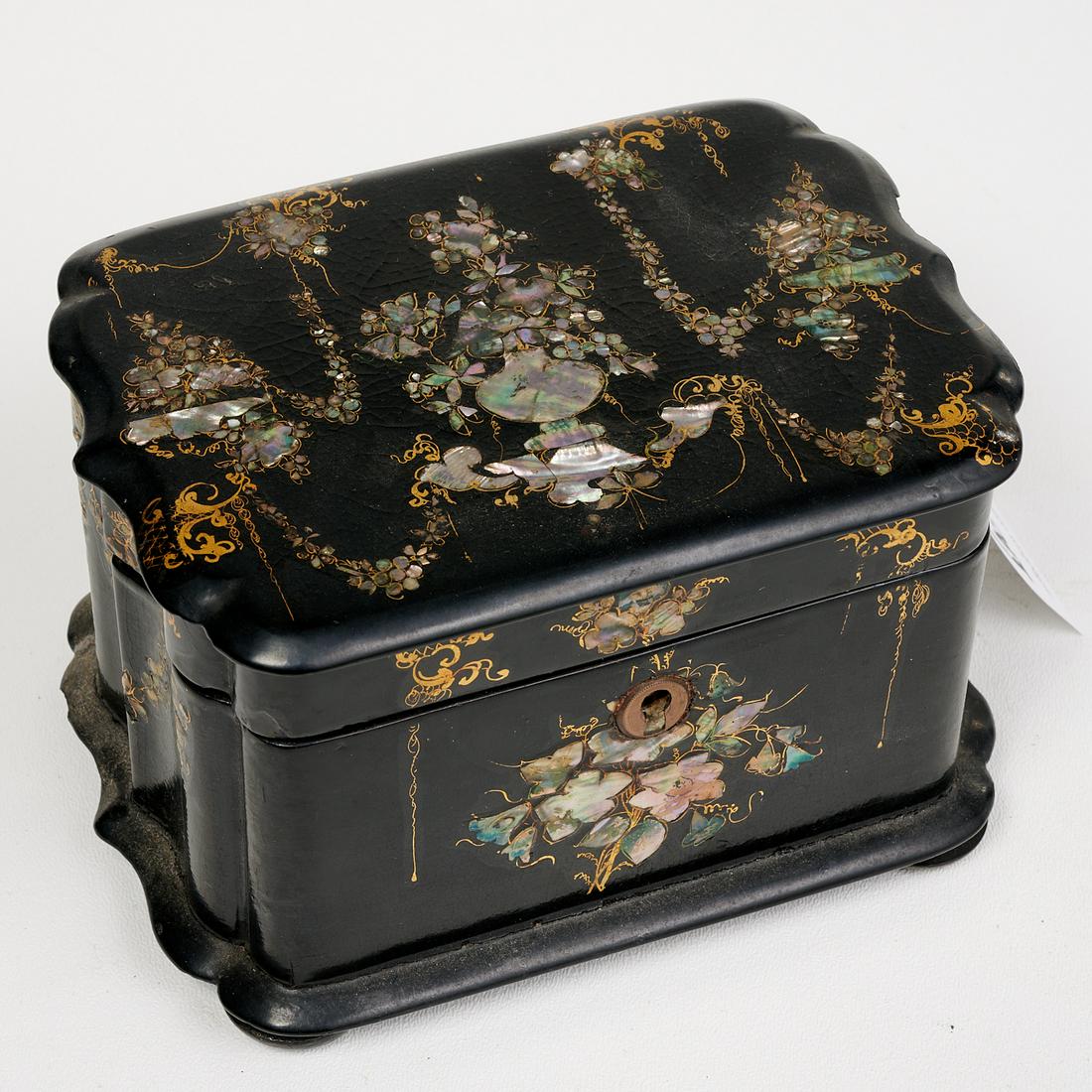 Victorian papier mache & mother of pearl tea caddy (1 of 4)