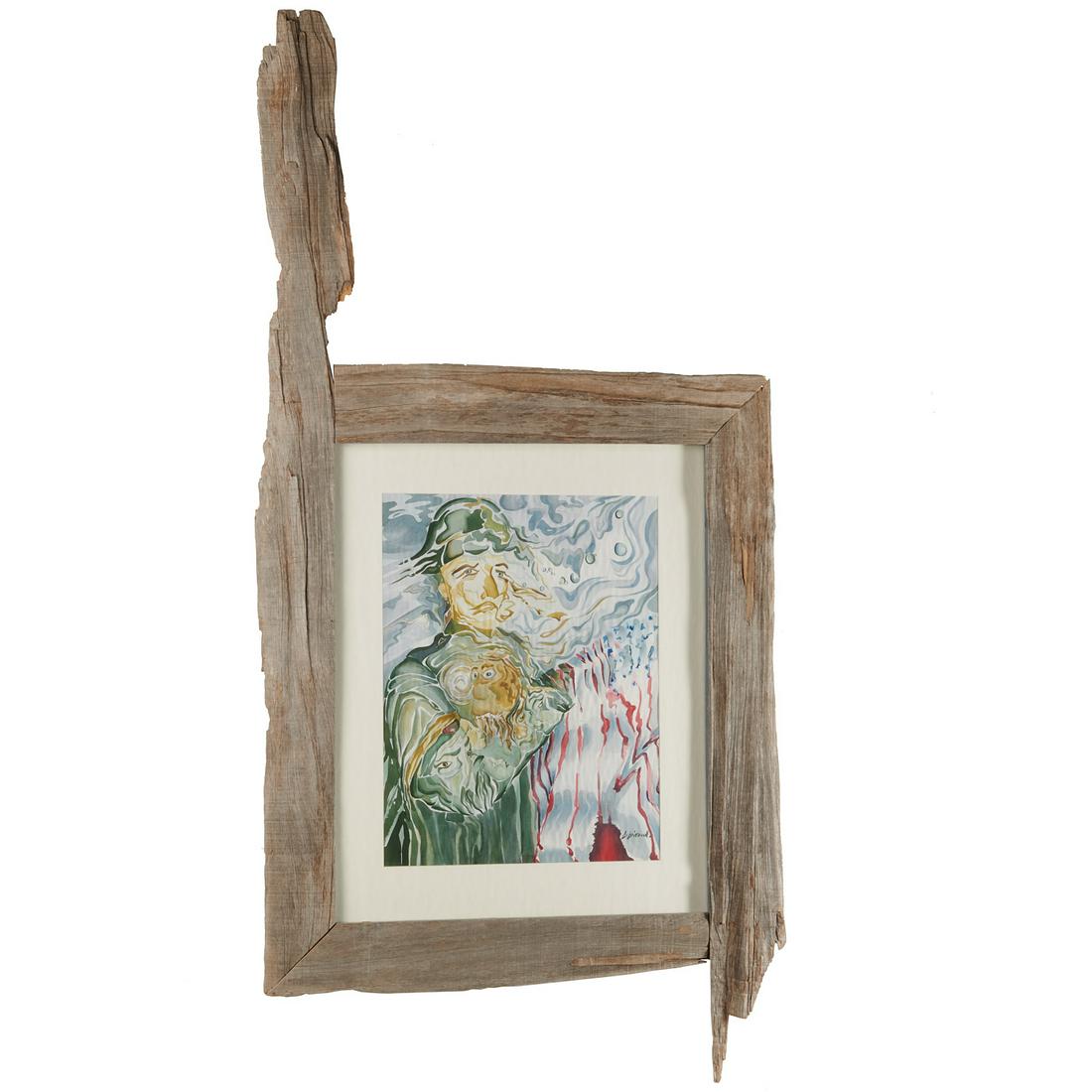 Louis Giraud, watercolor on paper: Louis Giraud, watercolor on paper, Louis Giraud (French, active 20th. c), Futurist image of figures in a landscape, signed "L. Giraud" lower right, matted and framed under wavy glass in custom driftwo