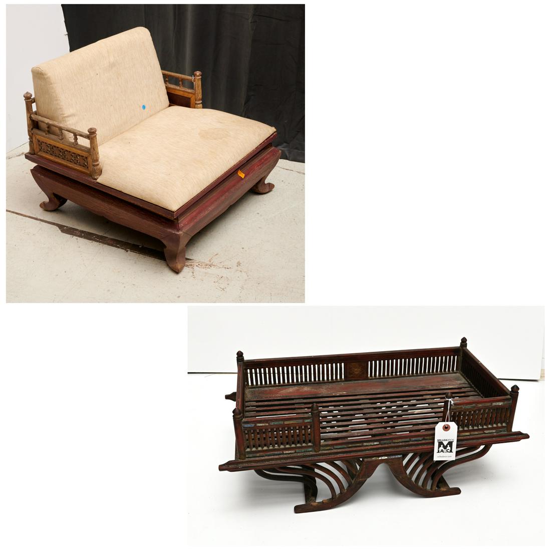 Thai antique monk's chair & howdah elephant chair: Bangkok Period (19th c.) monk's low chair with carved spindle and pierced giltwood panels, on red painted hardwood stand, upholstered seat and back pillow, used by senior monk while preaching, 24"h x