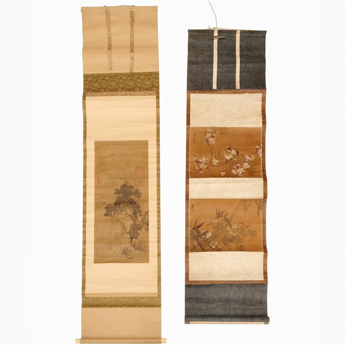 Japanese School, (2) scroll paintings: Japanese School, (2) scroll paintings, 19th c. or older, Cranes with Setting Sun, ink and color on silk, signature mark upper left, 22.75"h x 9.75"w (image), 53.25"h x 14"w (overall); with, Sparrow an