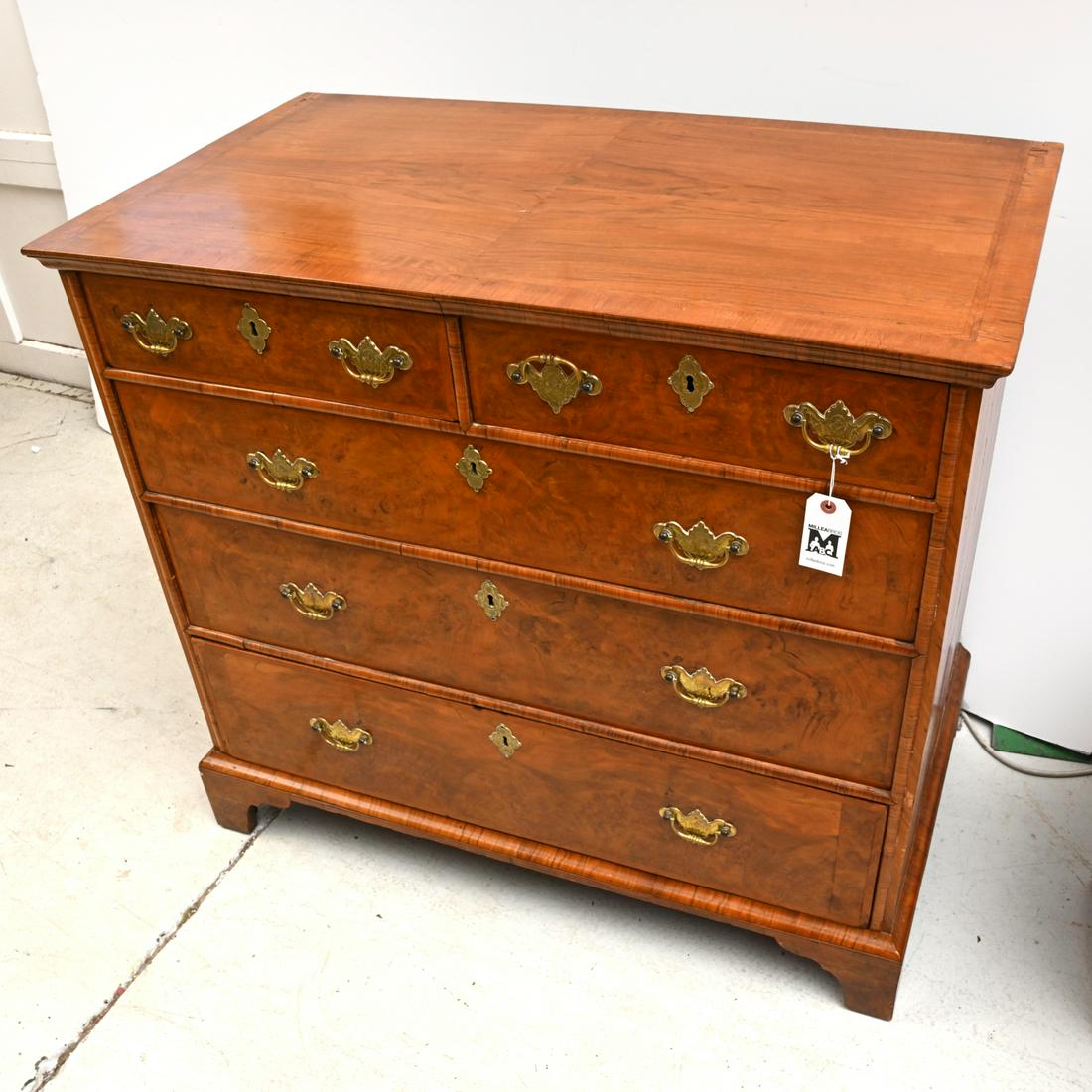 Nice George III chest of drawers: Nice George III chest of drawers, 19th c., mahogany with burlwood veneer drawer fronts, brass hardware and escutcheons, on bracket feet, 36"h x 39.75"w x 22.5"d