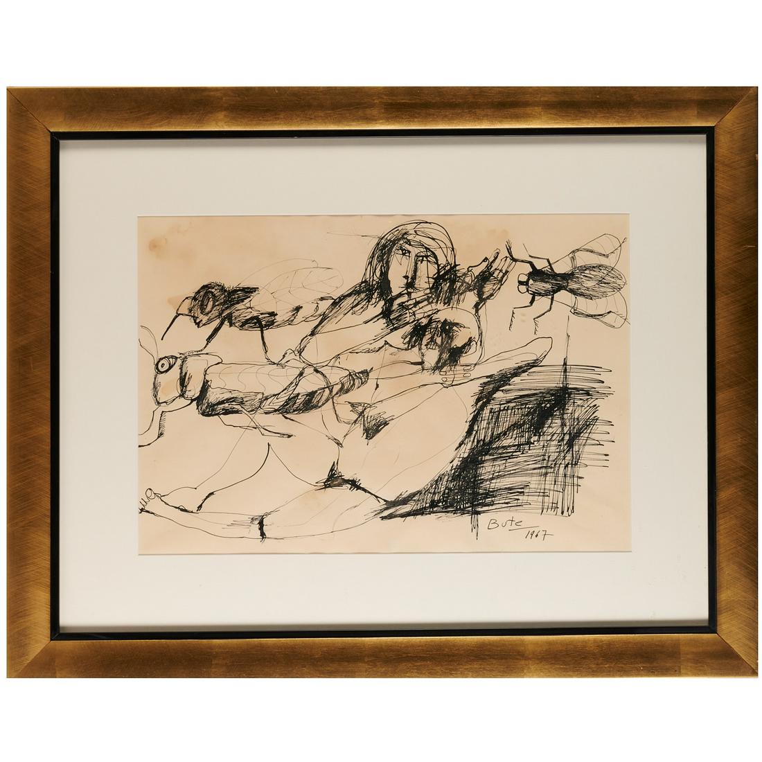 Esperilio Brute, drawing: Esperilio Brute, drawing, Esperilio Bute (Argentinian, 1931-2003), Figures with Insects, 1967, ink on paper, signed lower right, 13"h x 19"w (sight), framed