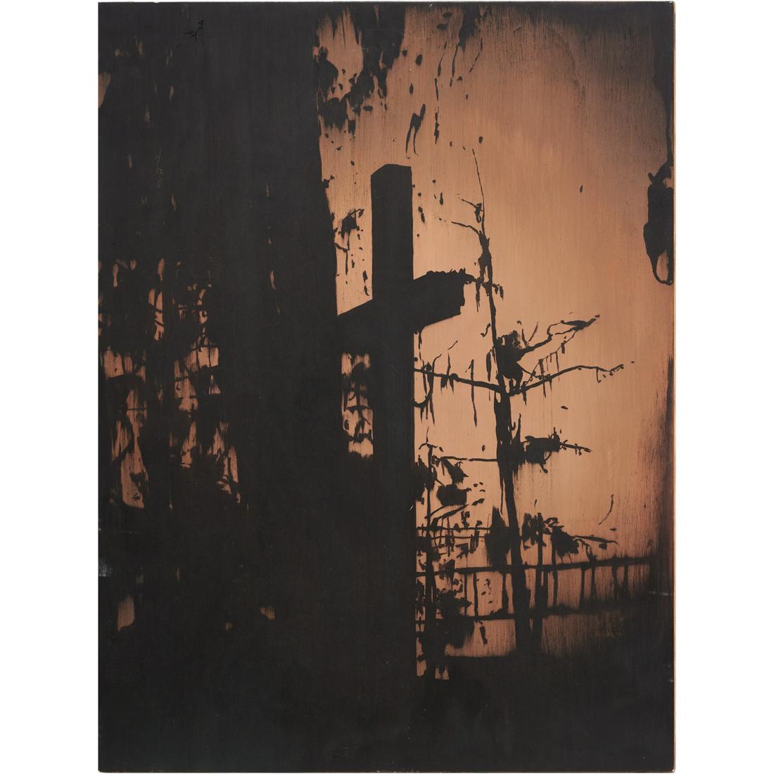 Ryan Sullivan, painting: Ryan Sullivan, painting, Ryan Sullivan (American, b. 1983), Cross Amongst Trees, 2006, gouache (or acrylic) on Ampersand Claybord panel, signed "Ryan Sullivan" and dated verso, 24"h x 18"w (panel), un