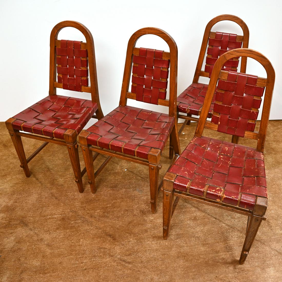 Set (4) Arts & Crafts leather & oak chairs (1 of 4)