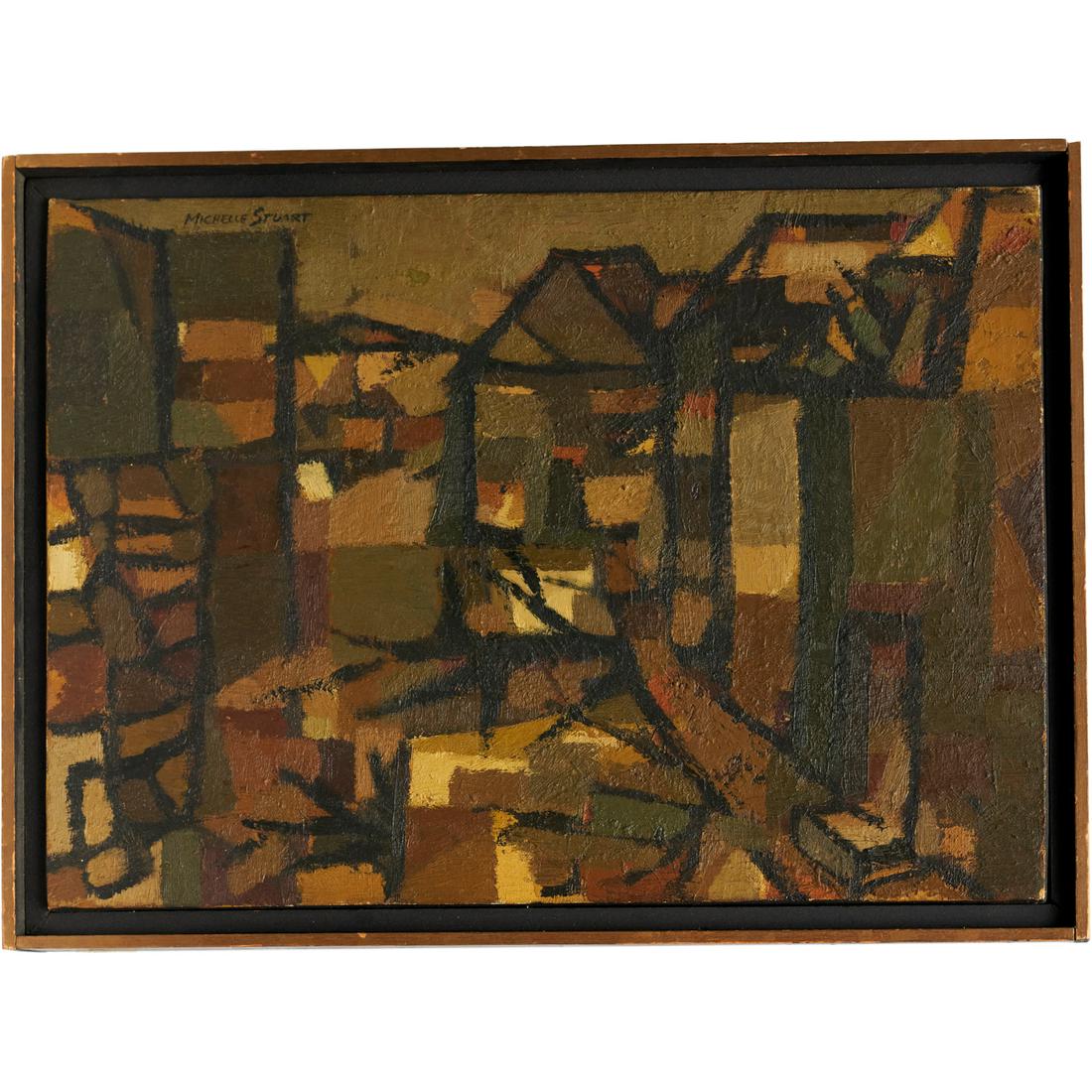 Michelle Stewart, painting: Michelle Stewart, painting, Michelle Stuart (American, b. 1933), Untitled Abstract, oil on canvas, signed upper left, 13"h x 18"w (canvas), 14.5"h x 19.5"w (frame)