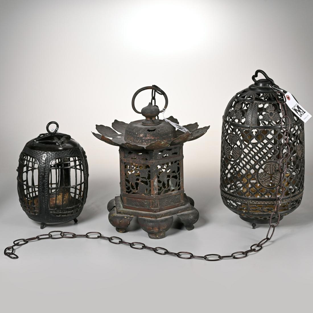 (3) Japanese patinated metal hanging lanterns (1 of 4)