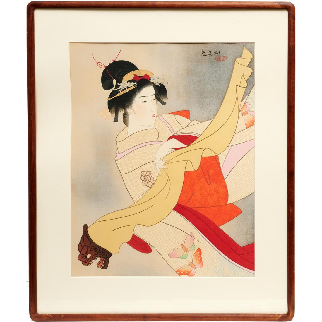 Japanese woodblock print, 20th c.: Japanese woodblock print, 20th c., Ink and metallic or pearlized ink on paper, 12.5"h x 16"w (sight), 18.25"h x 22"w (frame)