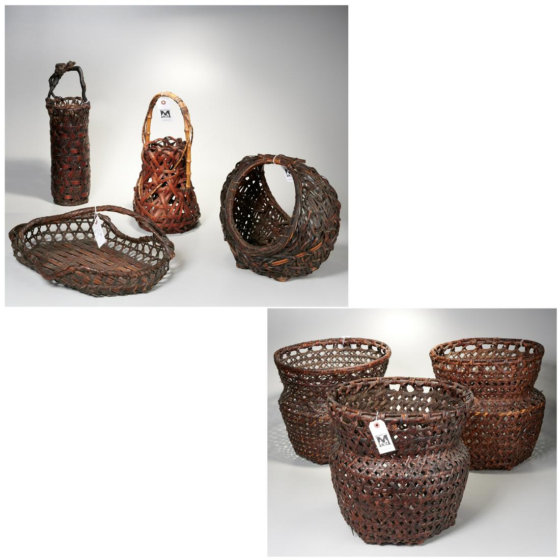 (7) old Japanese Ikebana and work baskets: (7) old Japanese Ikebana and work baskets, 20th c., incl. bottle carriers, jardinieres, etc., 14.5"h x 15.5"dia (largest), 14"h x 14.5"w (smallest)