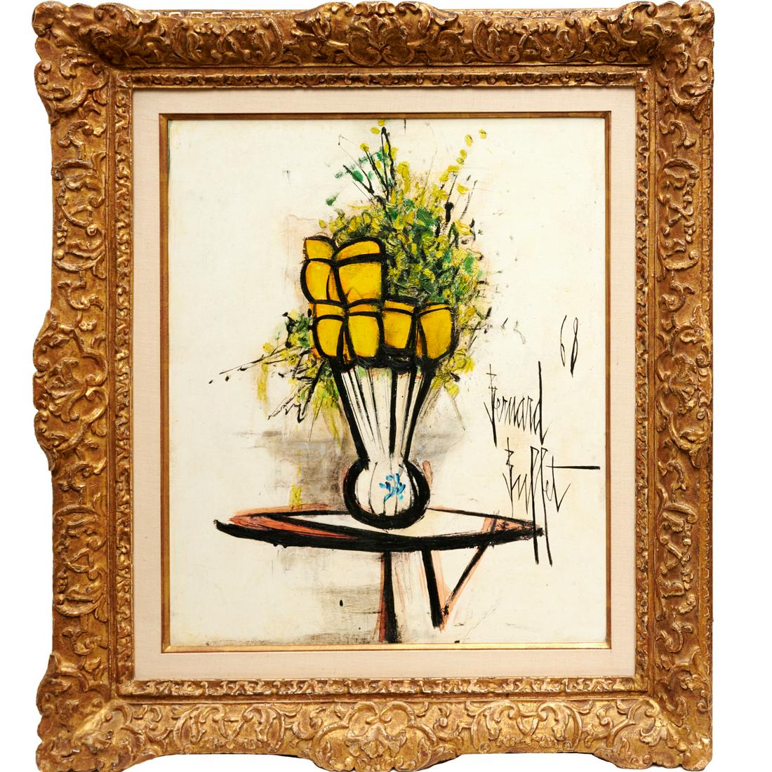 After Bernard Buffet, painting: After Bernard Buffet, painting, After Bernard Buffet (French, 1928-1999), Floral still life, 1968, acrylic or oil on canvas, marked "COPY" verso, 25"h x 21"w (sight), 36"h x 31.75"w (frame)