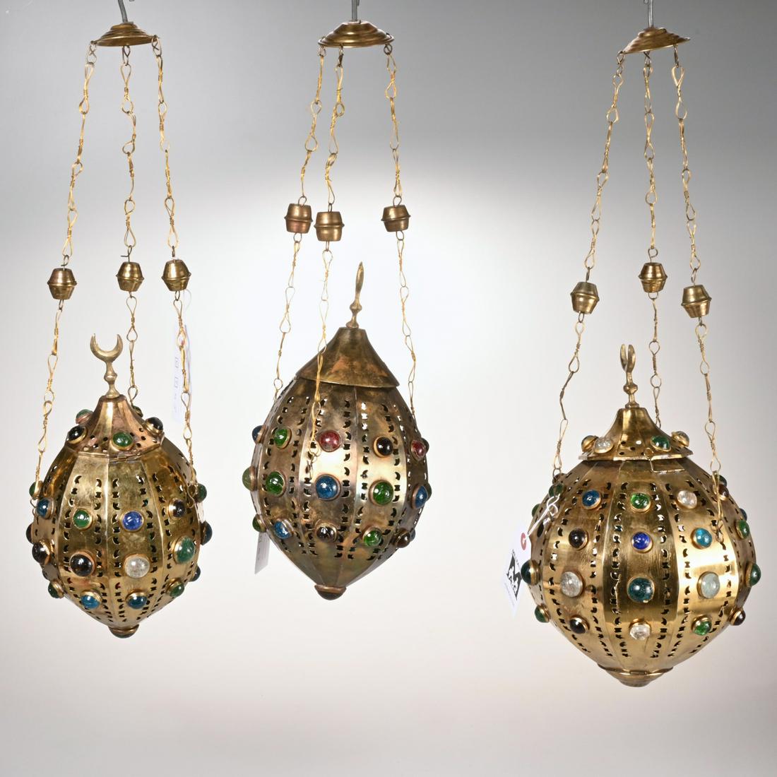 (3) Moroccan jeweled brass hanging lanterns (1 of 5)