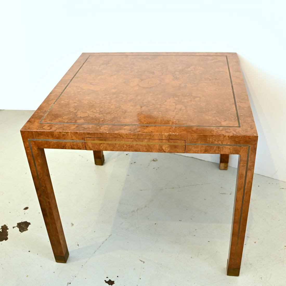 Baughman style brass inlaid burlwood parsons table (1 of 6)
