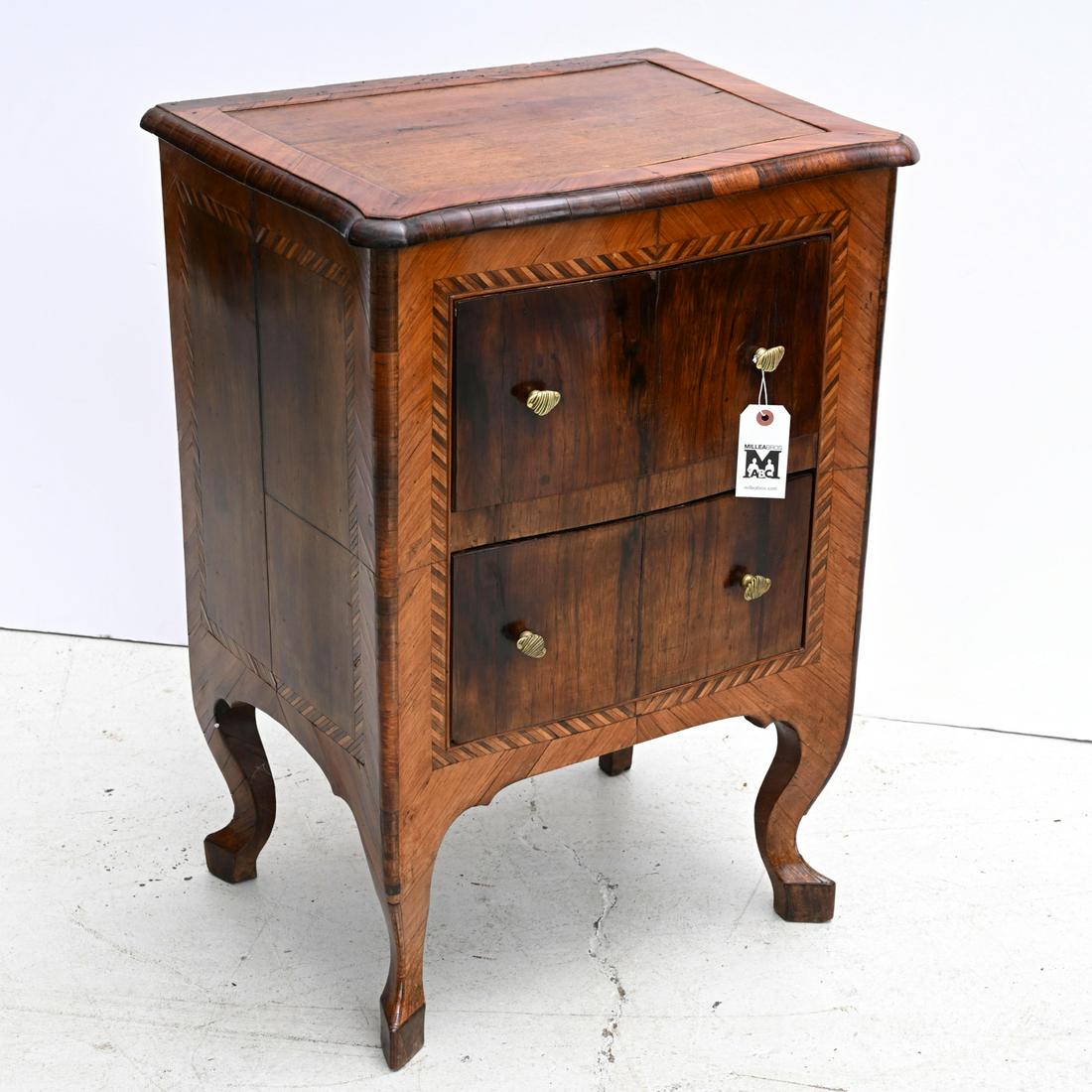 Italian Rococo parquetry inlaid commodino: Italian Rococo parquetry inlaid commodino, 19th c., 29.5"h x 20.5"w x 16.5"d
