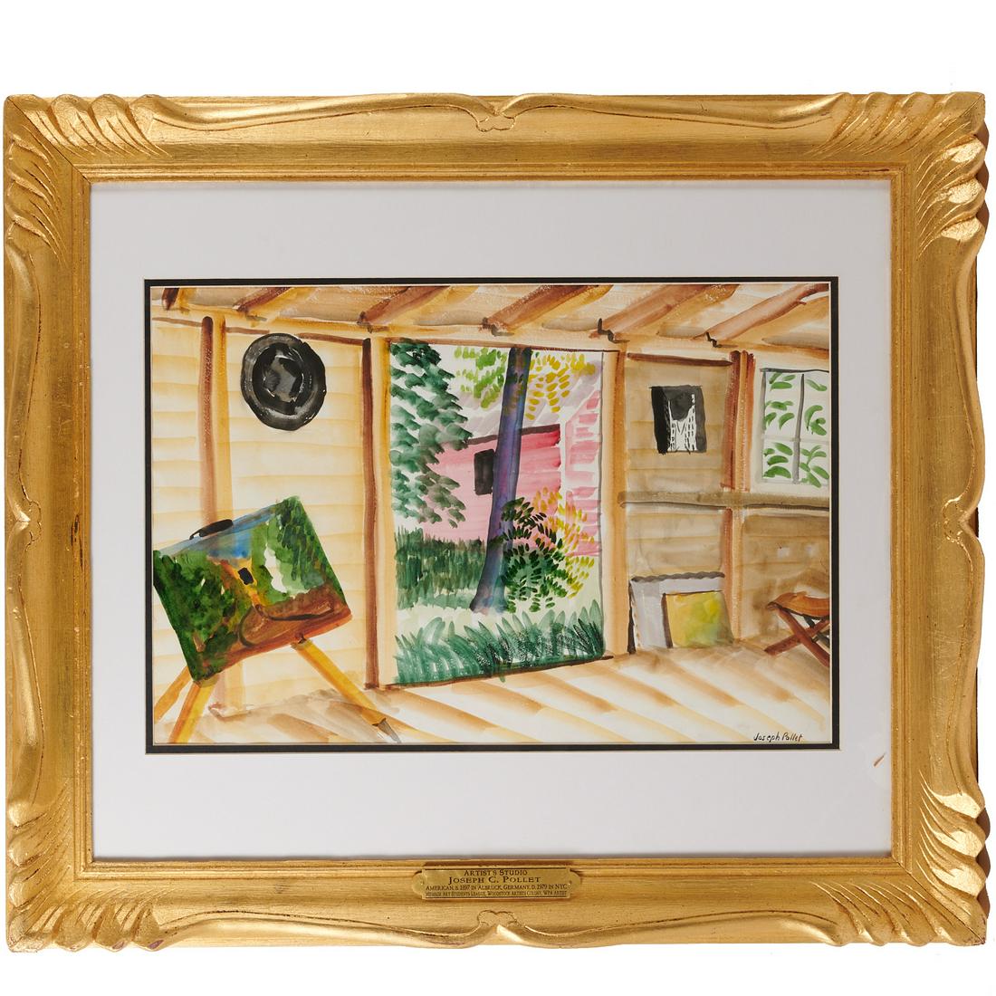 Joseph Pollet, painting: Joseph Pollet, painting, Joseph Pollet (American, 1897-1979), "Artist's Studio", watercolor on paper, signed "Joseph Pollet" at lower right, 15"h x 21.5"w (sight), 28"h x 31"w (frame)
