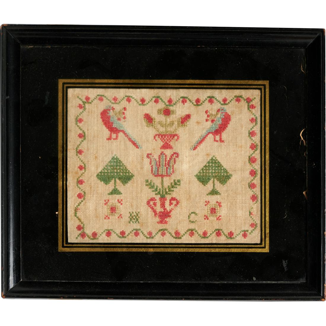 Antique English girlhood sampler in eglomise frame (1 of 3)